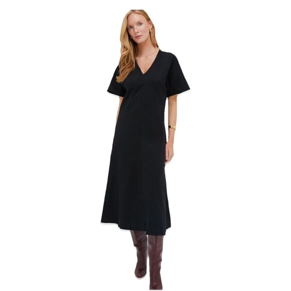 Tuckernuck Annalee Midi Dress XL Onyx Black Cinched Waist Cotton Blend Preppy